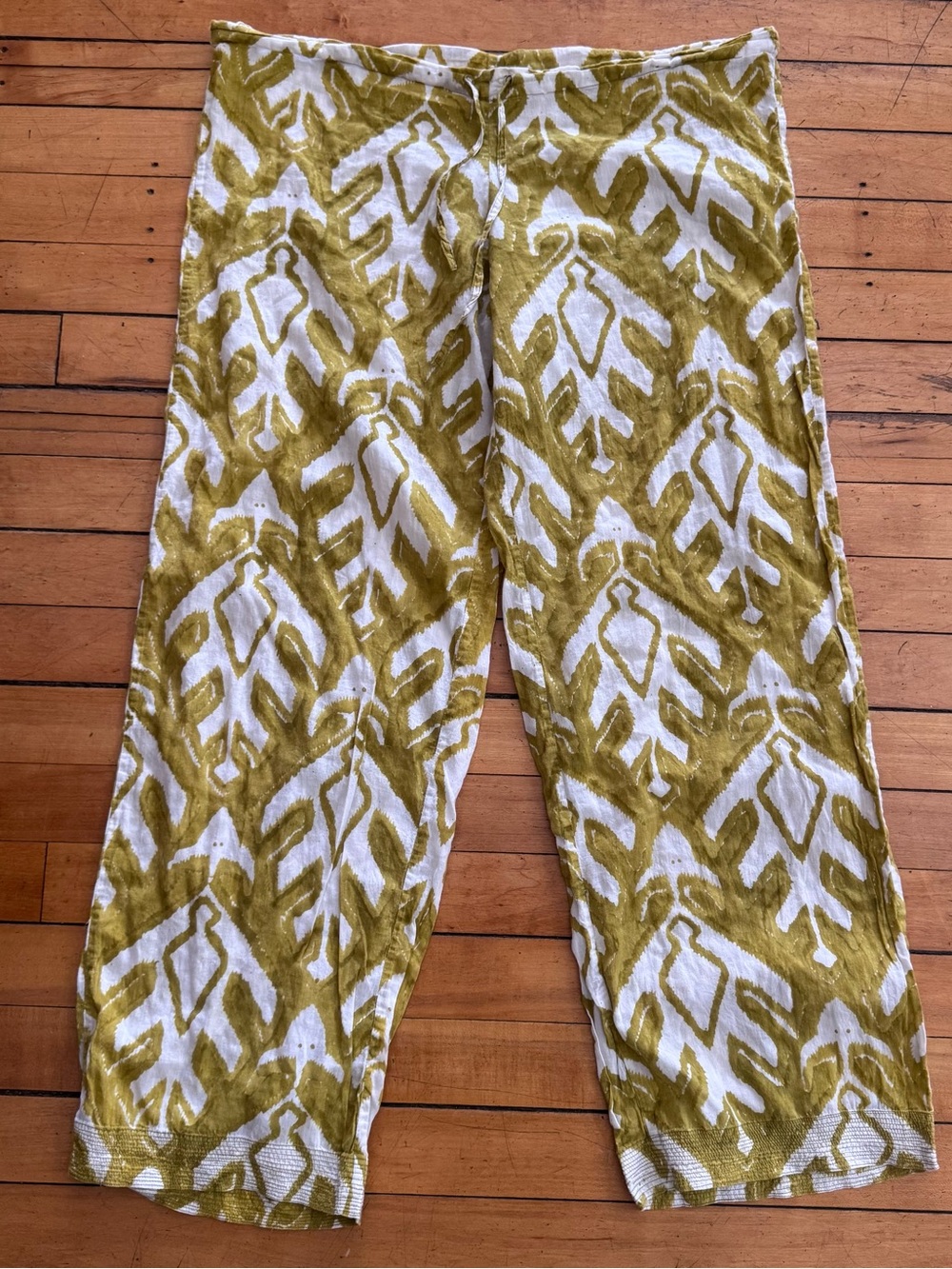 Kerry Cassill Hand Block Printed Cotton Pant drawstring white yellow abstract